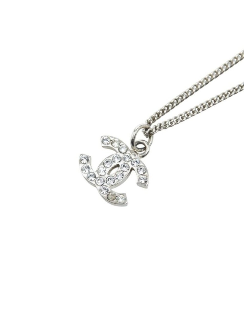 Chanel CC Logo Necklace Silver Metal Rhinestone